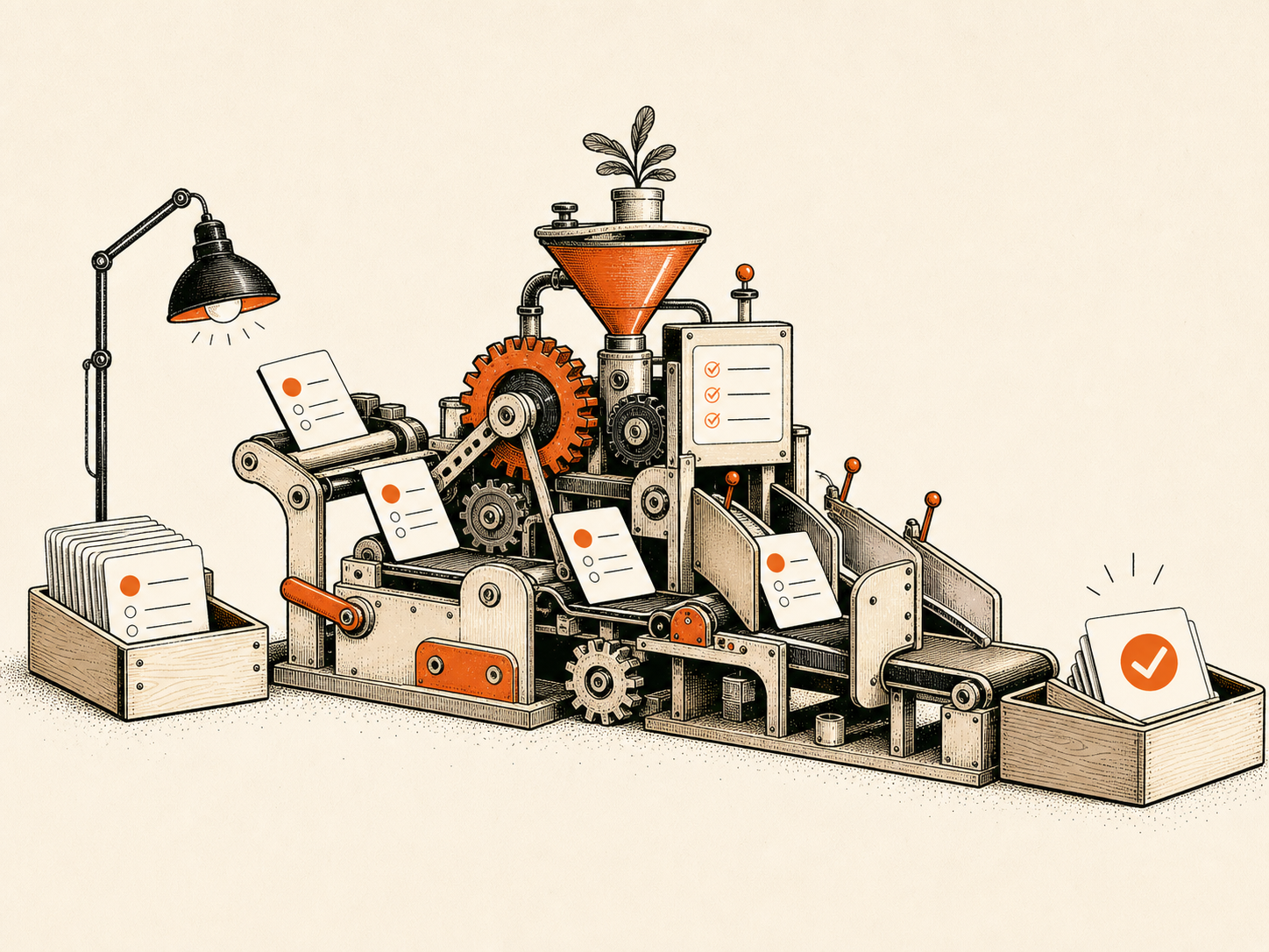 Illustrated workshop machine moving task cards through gears into a completed tray